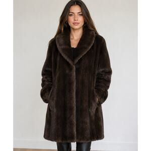Silk & Sable Brown Faux Fur Coat Shawl Collar Mob Wife Glam Winter XL Retro Glam